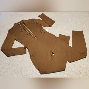 Stylish Brown Jumpsuit with Exaggerated Zipper - Gold Accent